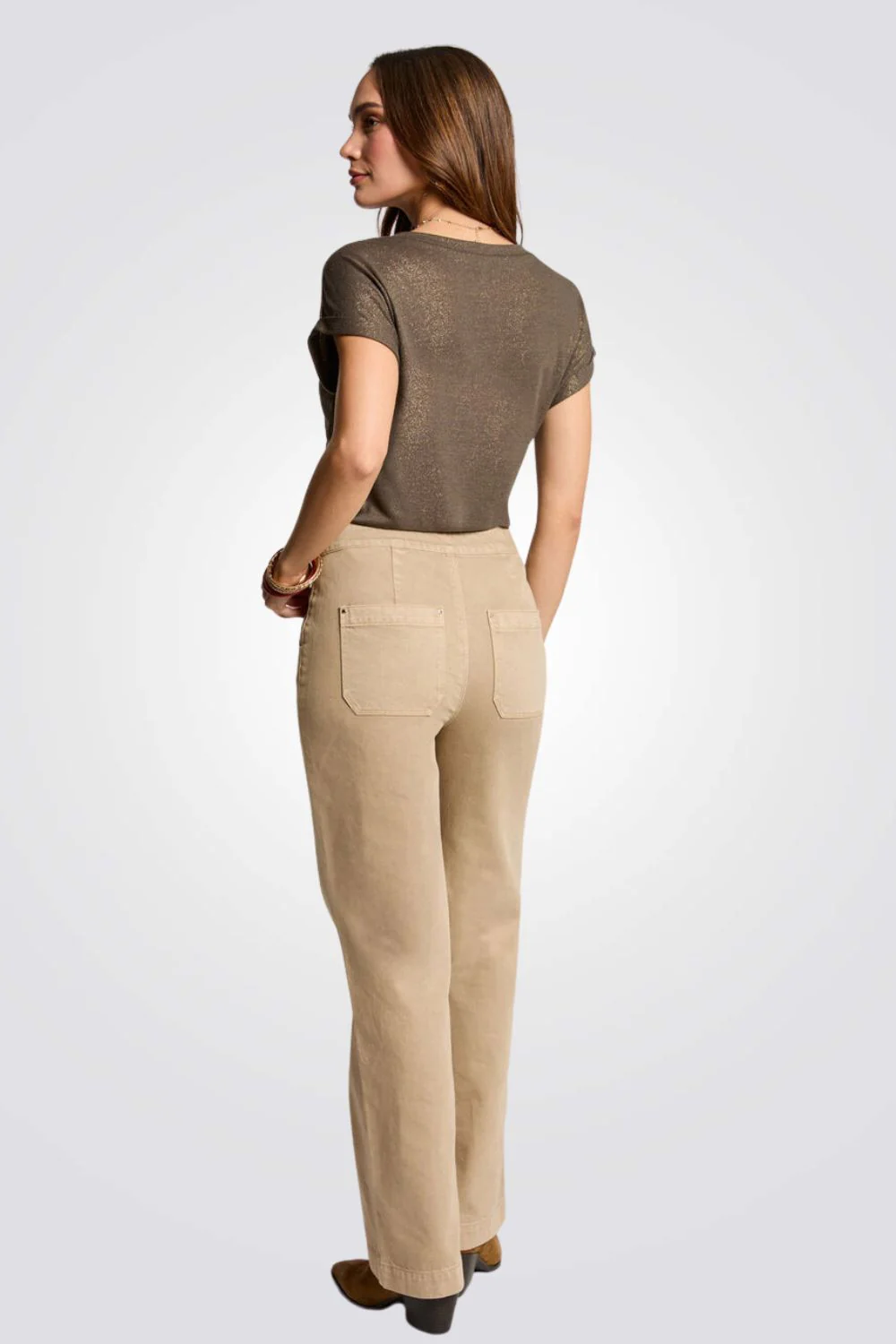 מכנסיים Wide Leg גזרה נמוכה בצבע בז' - Image 3