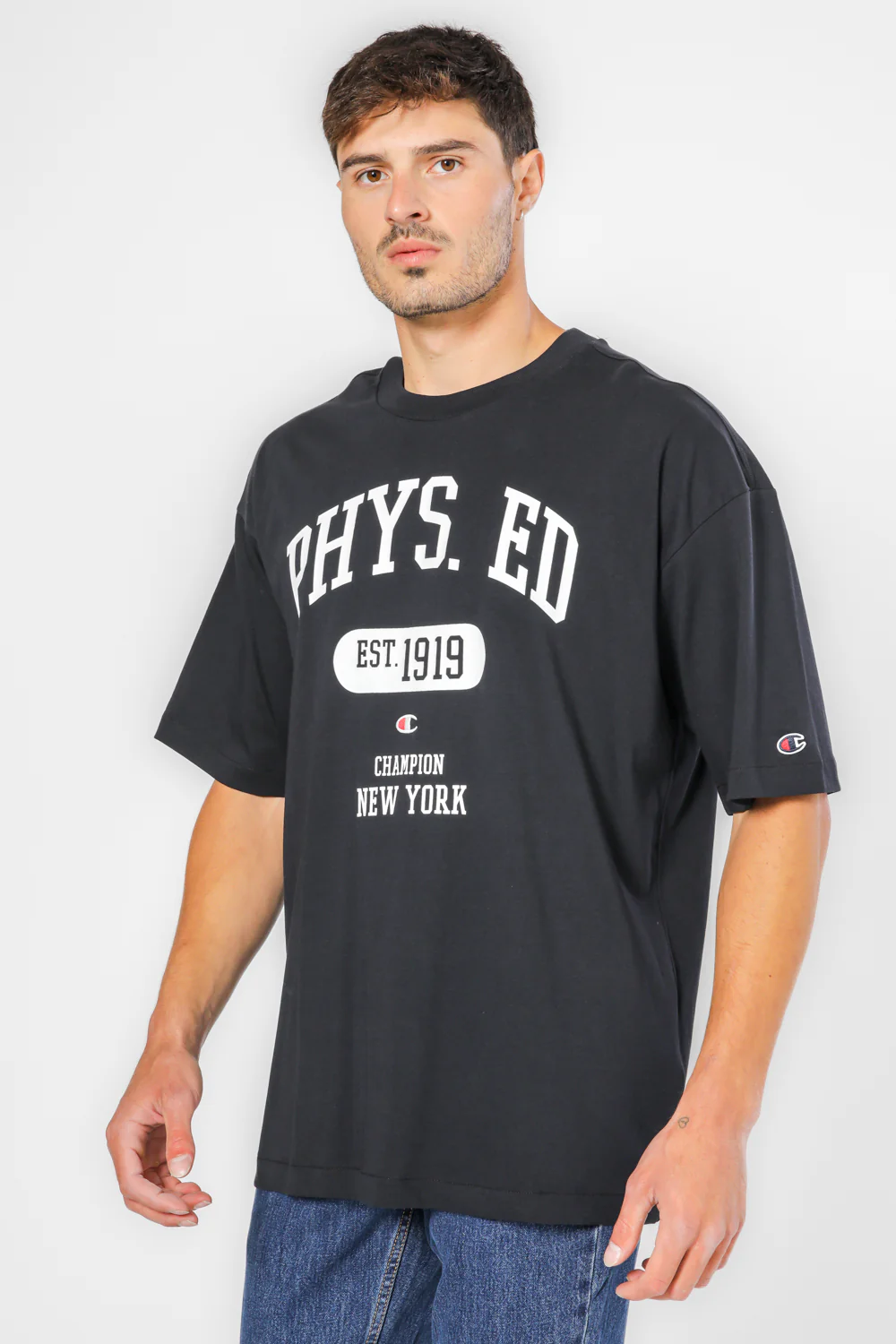 טישירט לגברים Crewneck בצבע לבן ושחור - Image 3