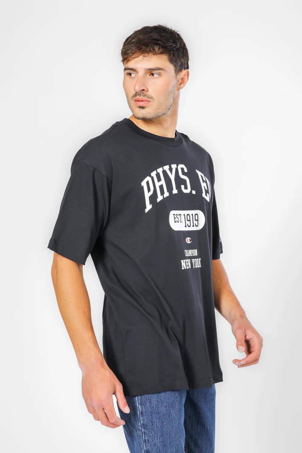 טישירט לגברים Crewneck בצבע לבן ושחור - Image 4