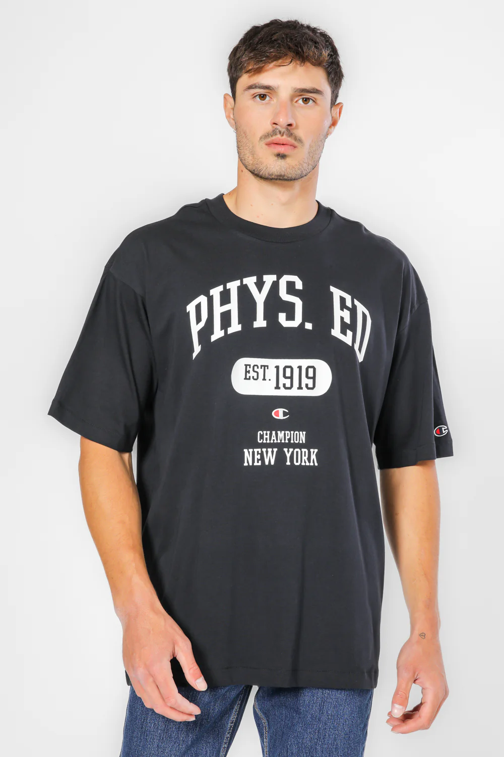 טישירט לגברים Crewneck בצבע לבן ושחור - Image 5